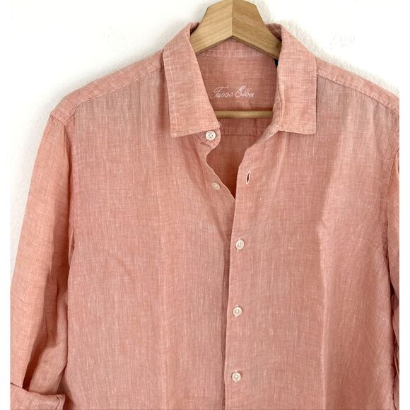 Tasso Elba Men's Shirt Top Size M 100% Linen Peach Long Sleeve Button Up - Picture 4 of 11